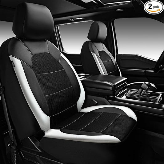CAR PASS Universal Front Leather Car Seat Covers with Sporty Design, Breathable All Season Easy to Clean Anti-Slip Wear-Resistant Automotive Seat Covers Fit for Most Cars, SUVs, Trucks, Black & White