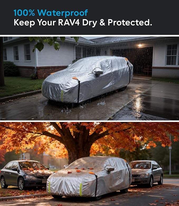 Wigoo Toyota RAV4 Car Cover 1996-2026, Custom Fit Waterproof All Weather Outdoor Full Exterior SUV Cover, Windproof Rain Sun UV Snow Dust Protection, Paint-Safe Lining, Door Zipper, RAV4 Accessories