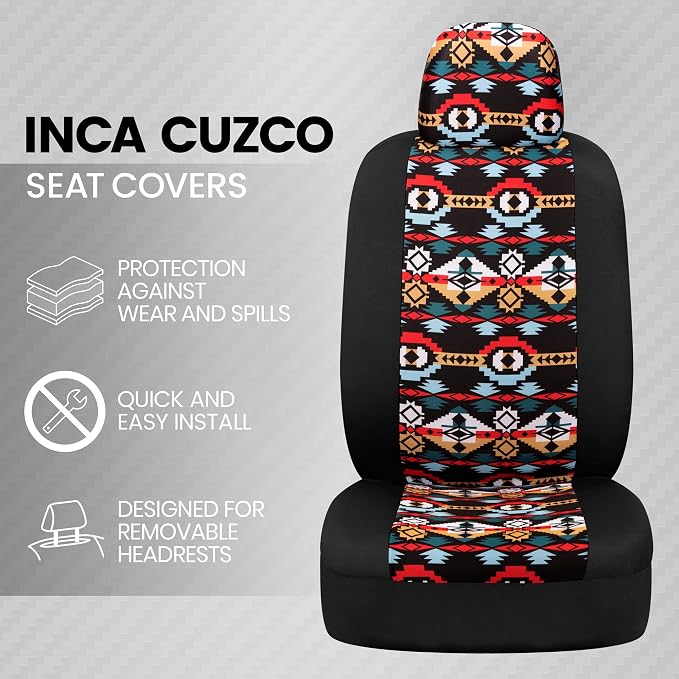 BDK Aztec Pattern Car Seat Covers for Front Seats, 2-Pack Geometric Print Front Seat Cover Set with Matching Headrest, Sideless Design for Easy Installation, Universal Fits Most Cars Trucks Vans SUVs