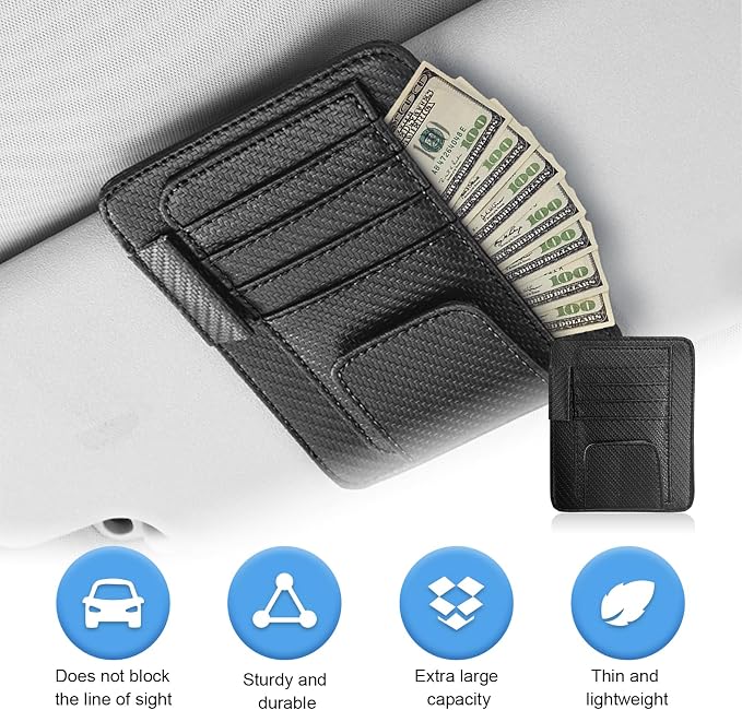Augeny 2 PCS Car Sun Visor Organizer, Auto Visor Organizer and Storage, Registration and Document Holder, Vehicle Accessories for Sunglasses Document Card Pen Driver License (Carbon Fiber Black)