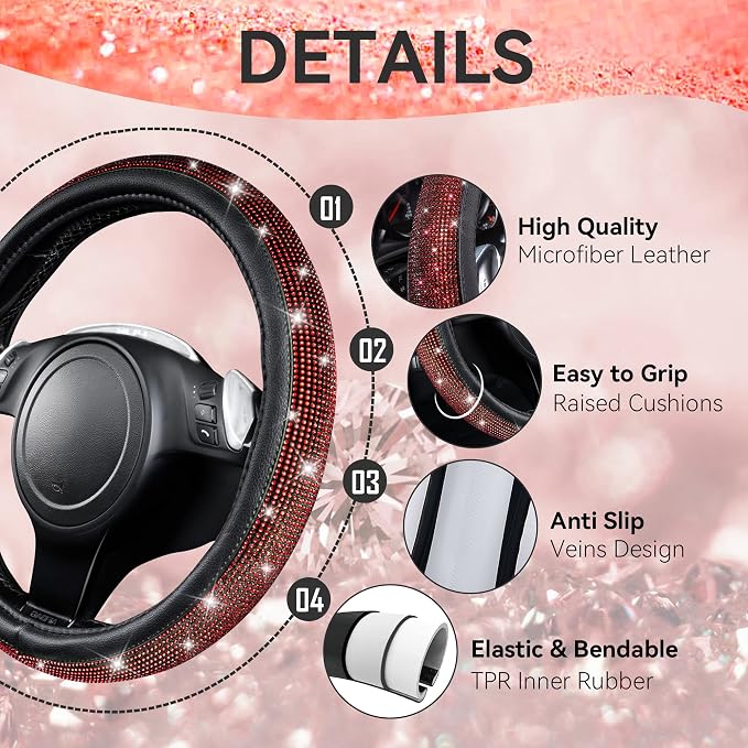 CAR PASS 23 PCS Bling Diamond Car Accessories Set for Women, Leather Car Seat Covers Full Set Sparkly Rhinestone15'' Steering Wheel Covers Shining Diamond Car Floor Mats Cute Car Interior Sets, Red