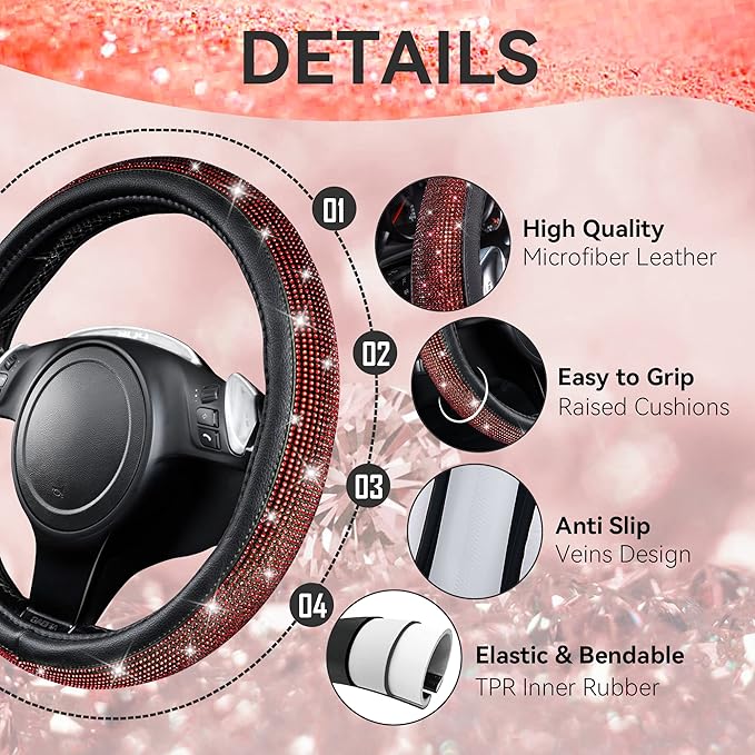 CAR PASS 11 PCS Bling Diamond Car Mats Set for Women Girls, Sparkly Rhinestone Steering Wheel Cover, Waterproof Floor Mats Universal Fit for SUV,Vans,Sedans,Trucks Anti-Slip, Interior Sets Black Red