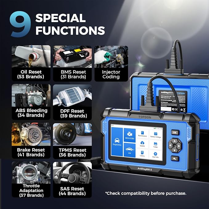 OBD2 Scanner TOPDON AD600S Scan Tool, Code Reader, Diagnostics Scanner for ABS/SRS/AT/Engine, 9 Reset Services, CAN-FD, Oil/Brake/BMS/SAS/DPF/TPMS/ETS Reset/ABS Bleeding/Injector Coding, Free Upgrade