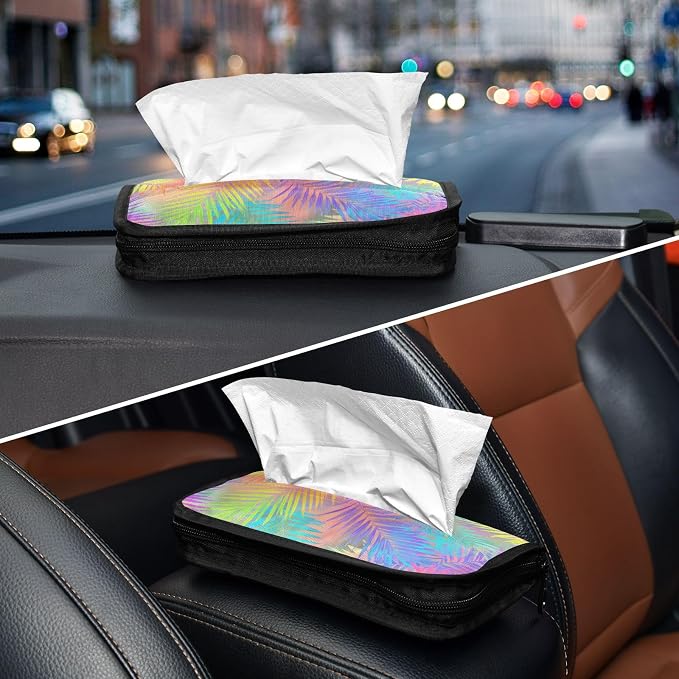 Car Tissue Holder Car Napkin Holder Tissue Box Dispenser Storage Case Sun Visor Mask Holder Accessories with Adjustable Straps Reusable Refillable Rainbow Palm Leaf Vibrant Tropical