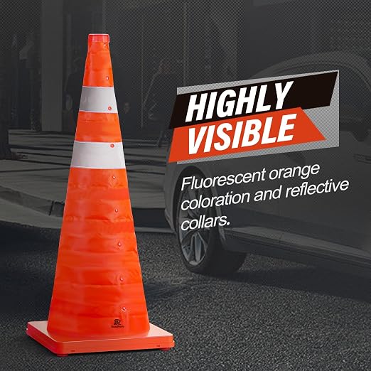 RoadHero 28 Inch 1 Pack Collapsible Traffic Safety Cones, Multi Purpose Pop-up Cones with Reflective Collar for Road Safety, Orange Cones for Driving Training, Parking Lots
