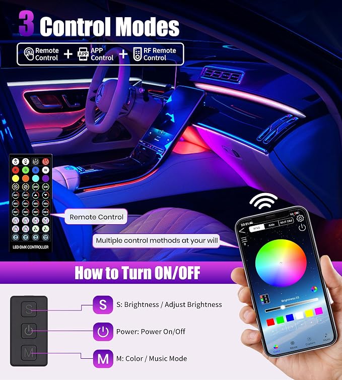 KENANEK 246inch Acrylic LED Lights for Car– 8 Dreamcolor Interior Car LED Strip Light, APP/Remote/Control Box, Music Sync, Dual USB Cigarette Lighter, Universal Fit for Car/SUV/Truck