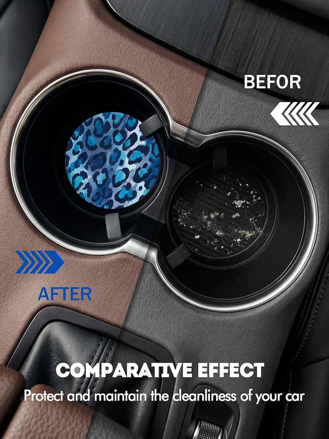 WOCOCN Car Coasters for Cup Holders - 2 Pack 2.75" Universal Rubber Car Cup Coaster, Non-Slip Waterproof Car Interior Accessories, Cute Car Decor Gifts for Women and Men (Blue Leopard Print)