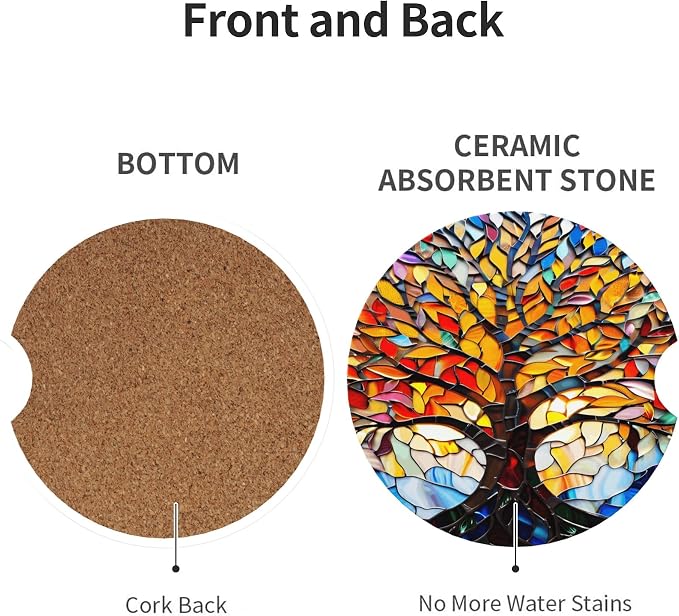 Tree of Life Art Car Cup Holder Coasters 2 Pack 2.63" for Women | Glass Universal Anti Slip Ceramic Absorbent Coaster with Cork Base and Finger Notch Cute Car Accessories Interior