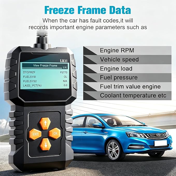 OBD2 Scanner Ease Setup Plug-Play: Clear Reset Engine Error Code Professional Code Reader Diagnostic Scan Tools with Freeze Frame/I/M Readiness for Cars Since 1996 & Newer - LK11