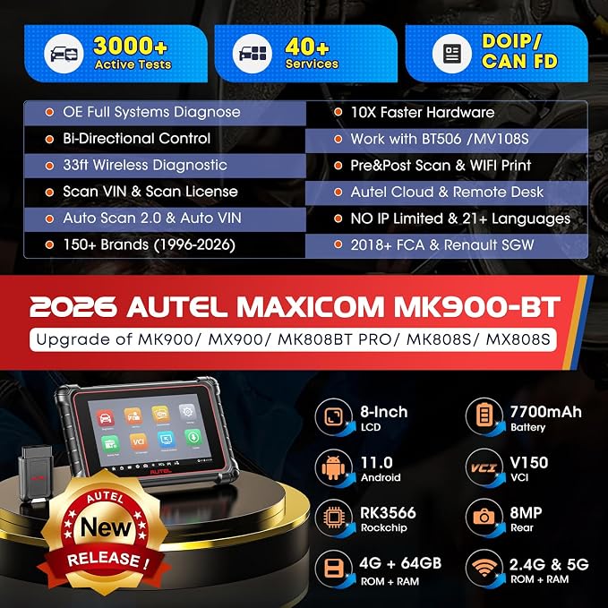 Autel Scanner MaxiCOM MK900BT: 2026 8in MK900-BT V2.0 Bidirectional Scan Tool, 33ft BT Ver. of MK900 MX900 MK808S MK808BT PRO MX808S MK808Z, 40+ Service, 3K+ Active Tests, DOIP CANFD, All System, FCA