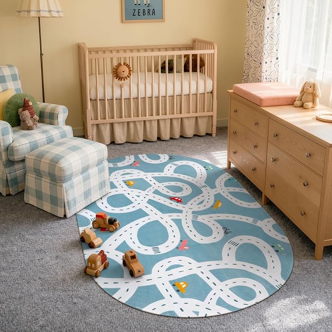 STARUIA Large Kids Playroom Rug, 4'x6' Washable Road Rug for Nursery, Non-Slip Fun Area Rugs for Kids Room, Blue Car Rugs Play Mat Soft Baby Carpet for Boys Girls Dorm Toy Room Tent