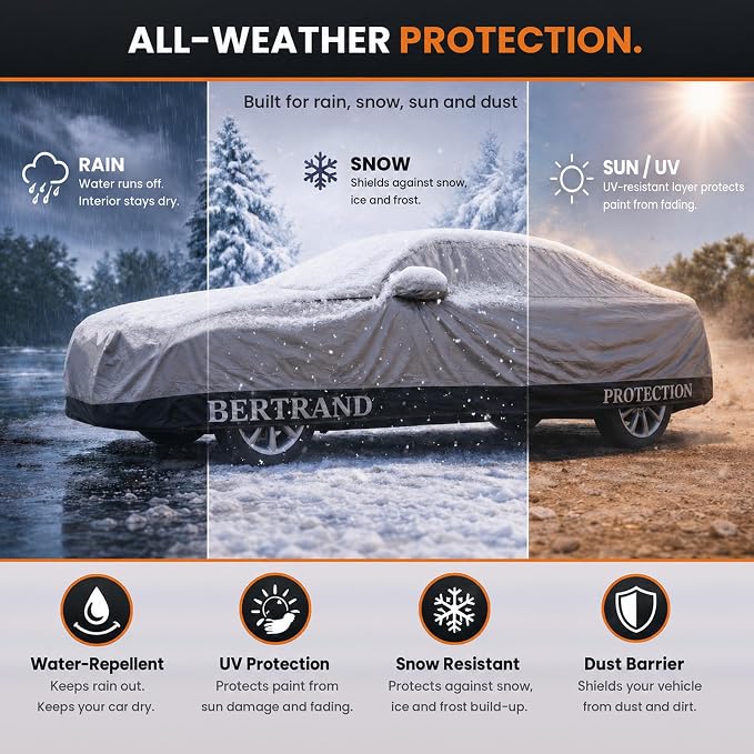 BERTRAND Heavy Duty Sedan Car Cover Waterproof All Weather - Snow, Rain & UV Outdoor Protection | Cotton-Lined, Up to 10-Point Anchoring + Door Zipper | Extra Large Sedans, Silver-Black (195x75, A3)