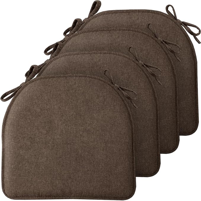 TushGuard Chair Cushions, 4 Pack Memory Foam Chair Pads, Thin Seat Cushion, Kitchen Chair Cushions Set of 4, Anti-Slip Backing & Fixed Straps, 1.4 in Thick, Brown