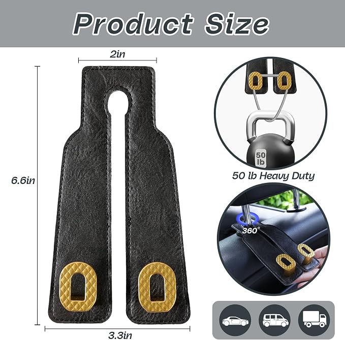 Car Headrest Hooks Universal Car Purse Hook Premium Leather and Alloy Twin Hook Car Seat Back Storage Hanger Hook for Purse Bags Cloth Drink Durable Holder Car Accessories (BH09-Black-Gold)