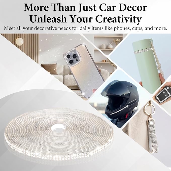 Bling Car Rhinestone Trim, 16.4Ft Self Adhesive Glitter Crystal Car Interior Accessories for Women, Auto Dashboard Line Molding Stickers, Diamond Ribbon Strips Decor for Most Car (White)