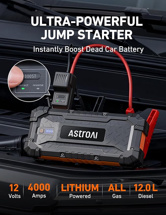 AstroAI S8 Ultra Car Jump Starter, 4000A Safe 12V Battery Booster Pack (All Gas/12L Diesel), Portable Jump Box with Smart Jumper Cables, Type-C/USB, Flashlight, Rugged Protection & Storage Bag, Orange