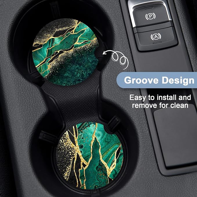 Nipichsha Car Coasters for Cup Holders, 2 Pack Absorbent Ceramic Car Cup Holder Coaster for Drinks, Cute Auto Assecories for Women, Universal Size 2.56 in with Finger Notch & Cork Base, Green Marble