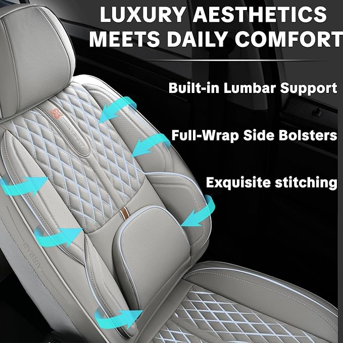 Car Seat Cover Complete Set, Light Gray, Suitable for Most Cars | with Lumbar Support, Premium Artificial Leather, Waterproof and Easy to Clean, Airbag Compatible