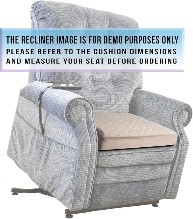 Medium-Soft 20x20x3 Memory Foam Recliner Chair Seat Cushion for Long Sitting - Armchair Pad with Washable Velvety Cover with Waterproof Layer & Non-Slip Base for Seniors & Elderly - Beige