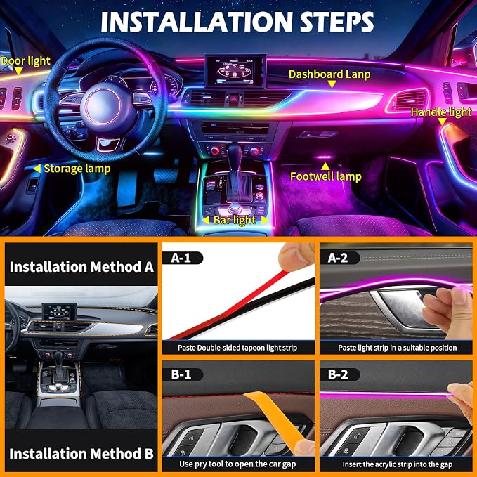 DREAMOTOR Dreamcolor Acrylic Interior Car LED Strip Lights with APP&Remote Control RGB 10 in 1 Ambient Lighting Kits Fiber Optic Strip LEDs Music Sync Car Neon Lights for Cars,SUVs,Trucks
