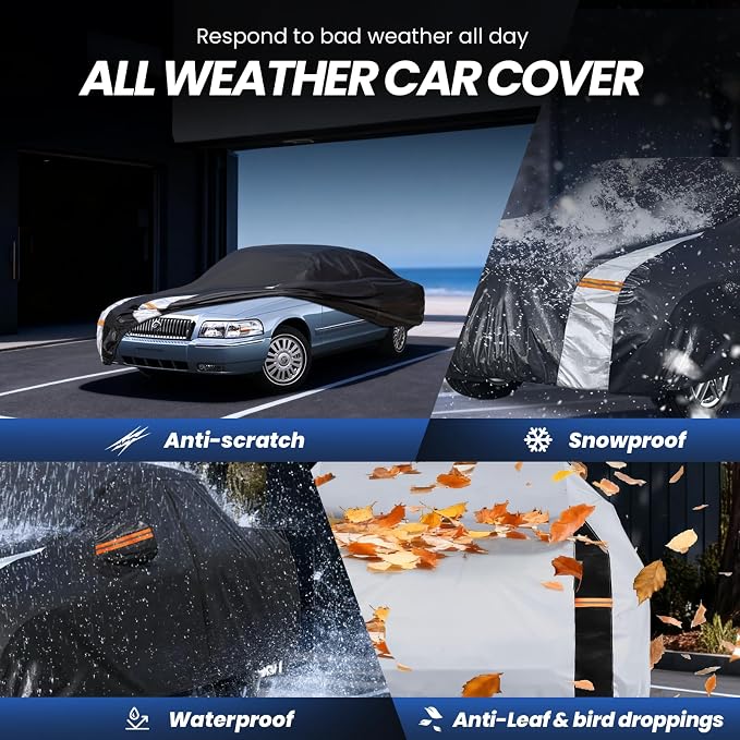 Multi-Layer Car Cover Custom Fit for Mercury(Grand) Marqui(1983-2011), 100% Waterproof All Weather for Automobiles, Gift with Towel, Heavy Duty Car Covers for Rain Sun UV Protection with Door Zipper.
