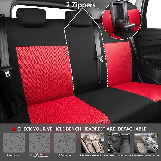 CAR PASS 3D Air Mesh Car Seat Covers Full Sets w/5mm Sponge, 4Pcs Waterproof Car Floor Mats, Steering Wheel Cover Universal Fit for SUV Sedan Truck, Airbag Compatible Automotive Interior(Black & red)