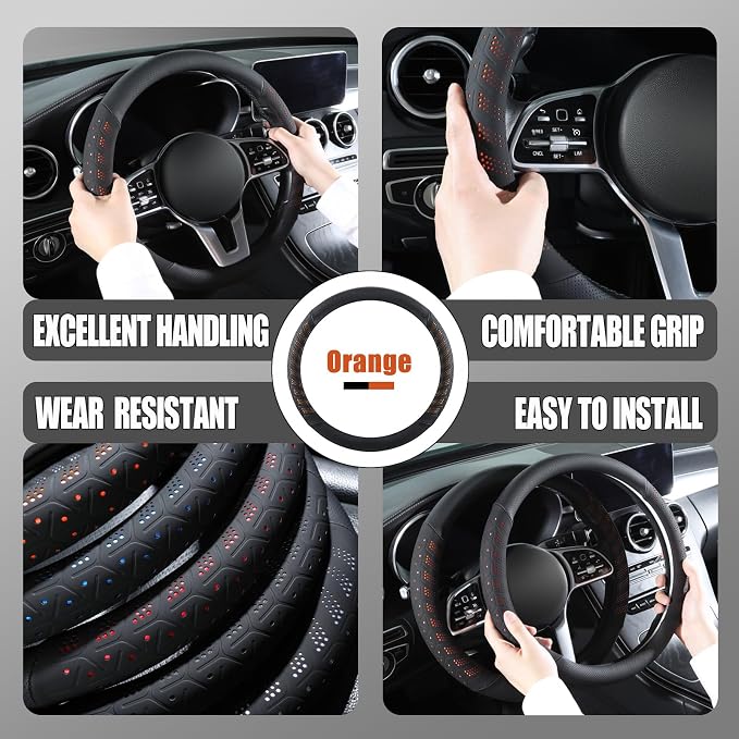 3D Slim Soft 14 inch Leather Steering Wheel Cover Black with Orange | Breathable Anti-Slip Premium Skin-Feel Perforated Thin Nappa Leather, Small 13.5 inch to 14 inch