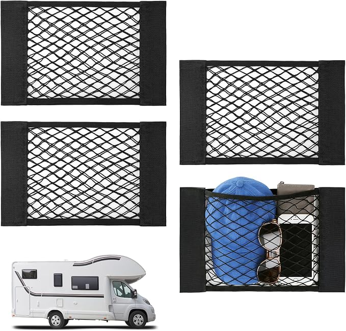 Bigmeta 4PCS RV Cargo Storage Mesh Net, Elastic Stretchable Netting Pocket with 8 Adhesive Strip Wall Sticker for SUV, Truck(15.4 x 9.4 Inch)