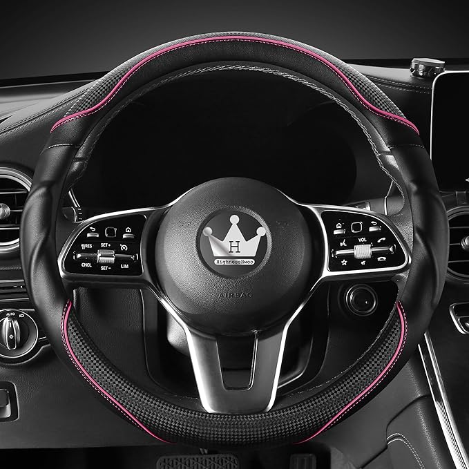 HighnessHwoo 3D Car Steering Wheel Cover Comfort Grip Massage Sporty Anti-Slip Carbon Fiber Faux Leather for Sedan SUV, Universal Fit, Car Handle Covers for All Seasons, 14.75-15.15in, Pink