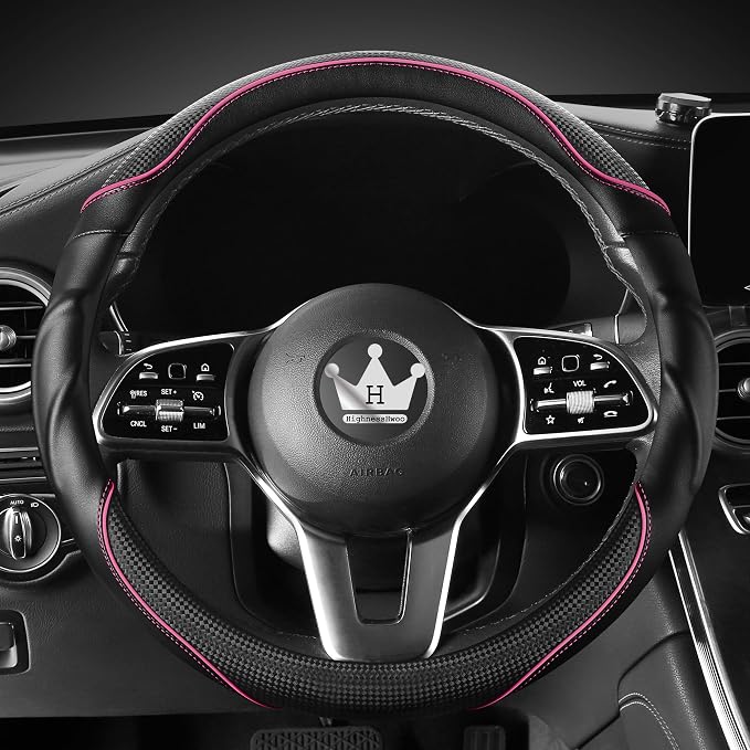 HighnessHwoo 3D Car Steering Wheel Cover Comfort Grip Massage Sporty Anti-Slip Carbon Fiber Faux Leather for F150, Trucks, Jeep, Van, Car Handle Covers for All Seasons, 15.2-16in, Pink