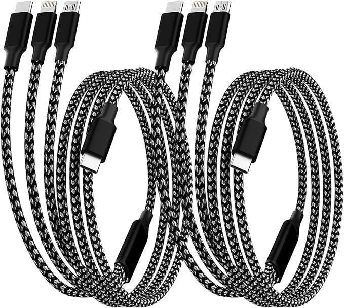 USB C Multi Charging Cable [2Pack 4FT], 3 in 1 Charging Cable Nylon Braided Multiple Charger Cord, Travel Charger with Type-C, Micro USB and IP Port for iPhone 17/16/15 Series/Cell Phones and More