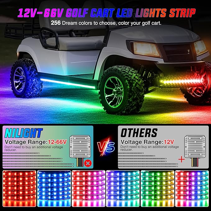 Nilight 6PCS Golf Cart Underbody Light Kit with Canopy Lights Dream Color Multi-Mode Neon Accent Lighting APP Remote Control Sound Active Music Sync IP67 Waterproof 12V-66V for EZGO Yamaha Club Car