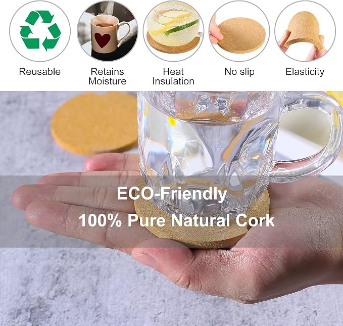 24 Pcs Car Coasters Cup Holder Insert Coaster, Absorbent Cork Bar Coaster, Heat Resistant Reusable Anti Slip Drink Coaster with Fingertip Grip for Easy Removal, Car Decor Auto Accessories for Women