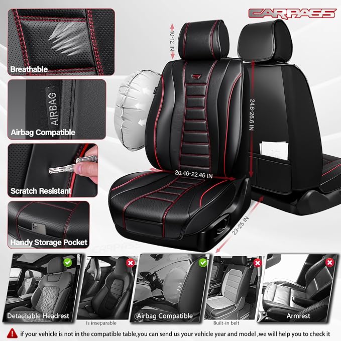 CAR PASS Nappa Leather Car Seat Covers Front Seats 3D Foam 2Pcs Black Red | Luxury Waterproof Universal FIT Piping Leather Car seat Cover Front Seats, 3D Foam Breath Perforated leather seat covers