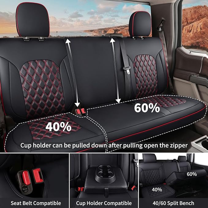 Huidasource Rear Bench Leather Seat Covers Fit for Chevy Silverado GMC Sierra 1500 2007-2013 & 2019-2026, 2500HD 3500HD 2020-2026 Crew Double Extended Cab WT LS LT Custom(Back Row/Black&Red)