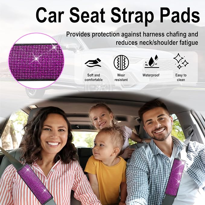 ecocstm 2 PCS Bling Car Seat Belt Shoulder Pads, Bling Seat Belt Covers with Bling Rhinestones, Car Accessories Seatbelt Strap Pad with Crystal Diamond for Car, Truck, SUV (Pink Purple Diamond)