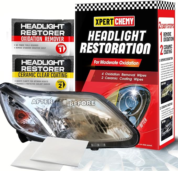XPERTCHEMY Headlight Restoration kit, 2-Step Headlight Cleaner & Protective Coating Wipes, Removing The Moderate Yellowing, Haziness and Oxidation, Provides with the Best Protection 18 Months