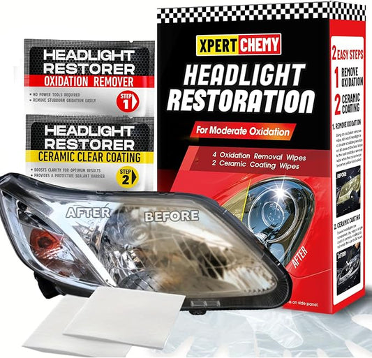 XPERTCHEMY Headlight Restoration kit, 2-Step Headlight Cleaner & Protective Coating Wipes, Removing The Moderate Yellowing, Haziness and Oxidation, Provides with the Best Protection 18 Months