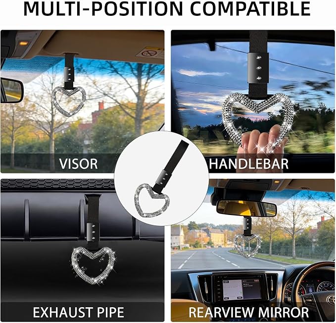 NBTEPEM Bling Heart Handle Ring Bling Car Accessories for Women Handle Strap Drift Charm Rear Bumper Warning Ring Tsurikawa Heart Decor for Car Interior Exterior Decoration (Silver, Heart Style)