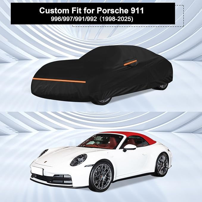 Amooca Heavy-Duty Car Covers Custom Fit for Porsche 911 (1998-2025) Waterproof Sun-Proof All Weather for Automobiles Snow Cover 420D with Door Zipper Cotton Lining