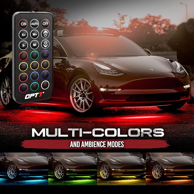 OPT7 Aura Flexible Car Underglow Lights with APP & Remote Control | 4PCS RGB LED Strips, Multicolor Music Modes, 12V Neon Accent Underbody Lighting, Universal Fit for Car Truck SUV, JDM Gifts
