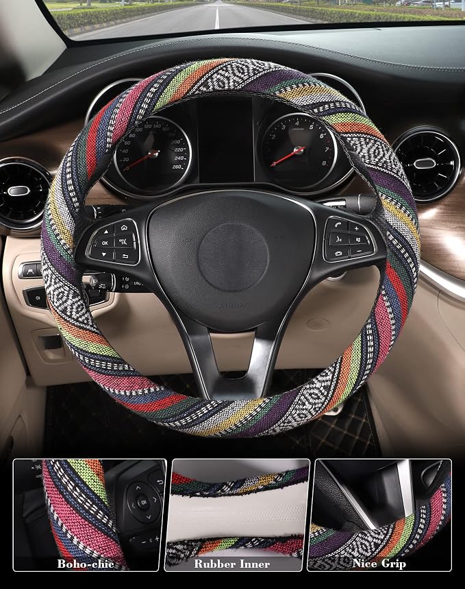 SEG Direct Boho Steering Wheel Cover, Baja Blanket Cloth, Coarse Flax | Bohemian Car Decor, Ethnic Style, Coarse Flax, Fabric Cover Fits 14 1/2-15 1/4 inches Standard Medium Size, for Women Men
