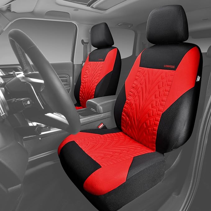 CAR PASS Car Seat Covers Two Front Only for Car, 3D Tyre Print Automotive Interior Covers, Airbag Compatible, Quick Setup Universal Fit Seat Covers for Car, Truck, SUV(Black Red)