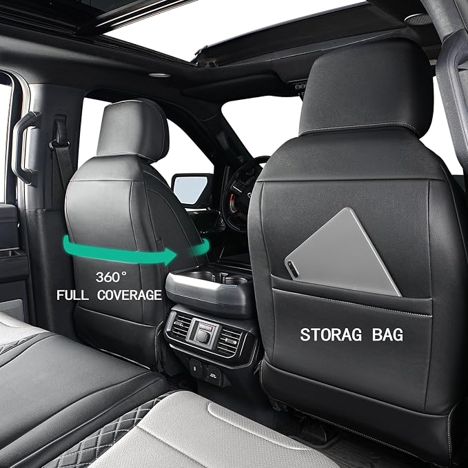 F150 Seat Covers, Custom Fit Ford 2020 2019 2018 2017 2016 2015 F150 XL XLT STX Super Crew Cab, Truck Seat Cover for 2015-2020 F 150 XL/XLT/Lariat Accessories, Black & Grey Leather