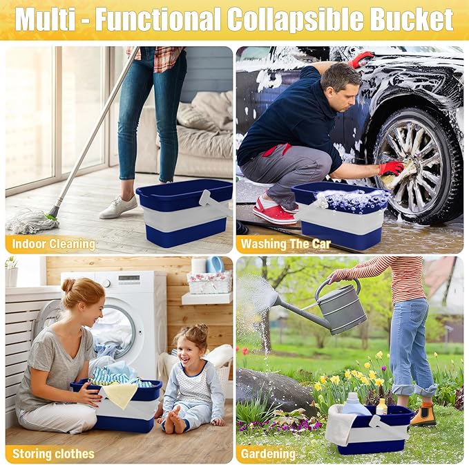 Collapsible Mop Bucket for Cleaning with Handle, 3 Gallon | Silicone Square Wash Bucket for Windows Cleaning Car Washing|Cleaning Supplies Organizer Plastic Water Bucket for Storage