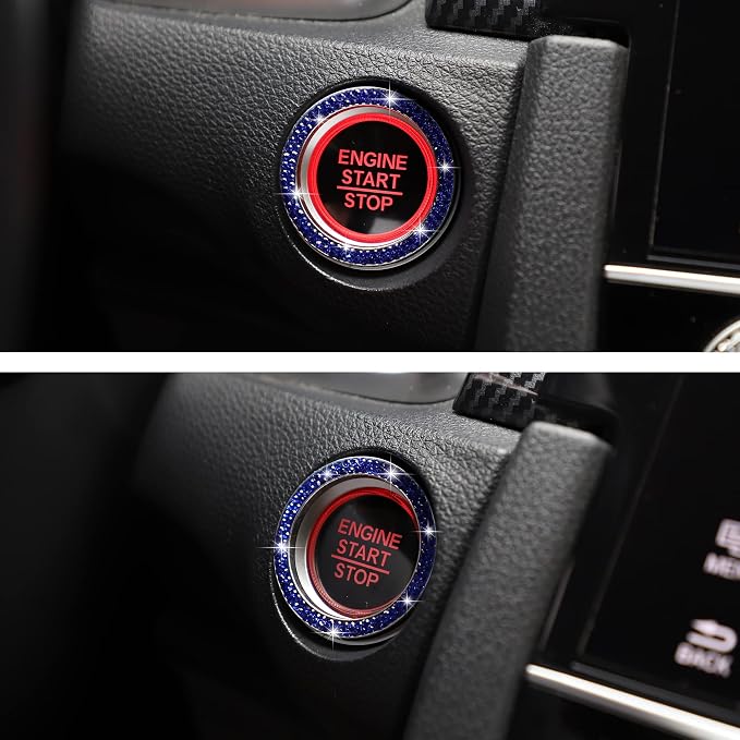 WINKA 2pcs Bling Car Engine Start Button Cover Diamond Crystal Push Start Stop Button Ring Sparkly Bling Ignition Button Cover Rhinestone Keyless Ignition Ring Universal Car Accessories (Navy Blue)