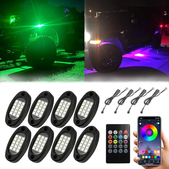 SUNPIE 8 Pods RGB Rock Light for Cars Trucks AVT UTV SUV Off Road,Waterproof Multi Color Under Glow Lighting Kit 120 LEDs Rock Light,APP/RF Control Neon Led Lights for Car Truck Accessories
