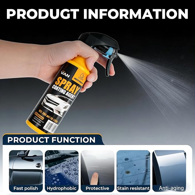 Nano Hydrophobic Ceramic Coating,-300ml Car Coating Spray Kit,Easy-to-Spray Auto Paint Protection,Sponge and towe, Unmatched Shine Car Wax Coating Spray, No Pungent Smell, Quick Detailer Spray Wax