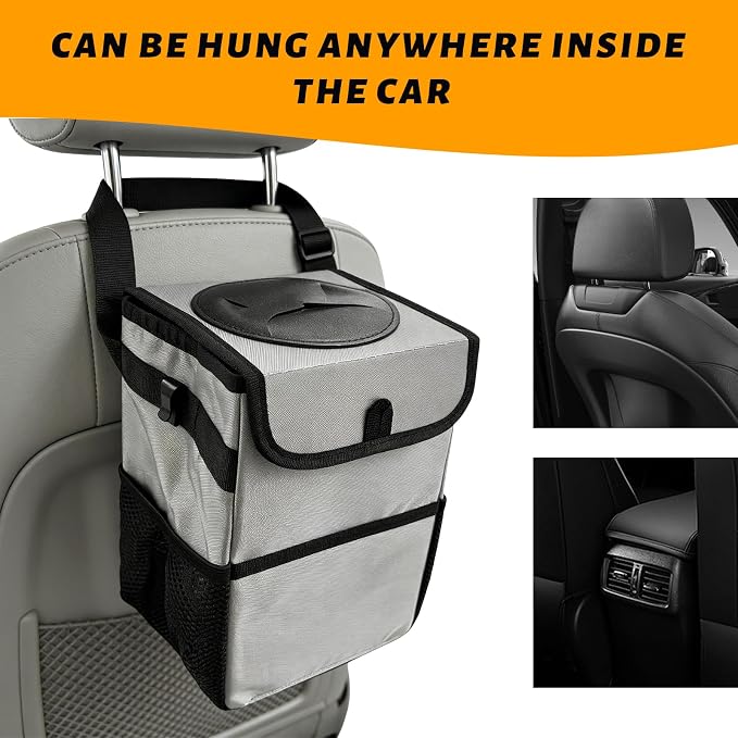 Car Trash Can with Lid, Multipurpose Collapsible Auto Garbage Bin with 3 Storage Pockets, Waterproof Leakproof Oxford Cloth Organizer Hanging Portable Trash Bin for Most Vehicles (Gray)