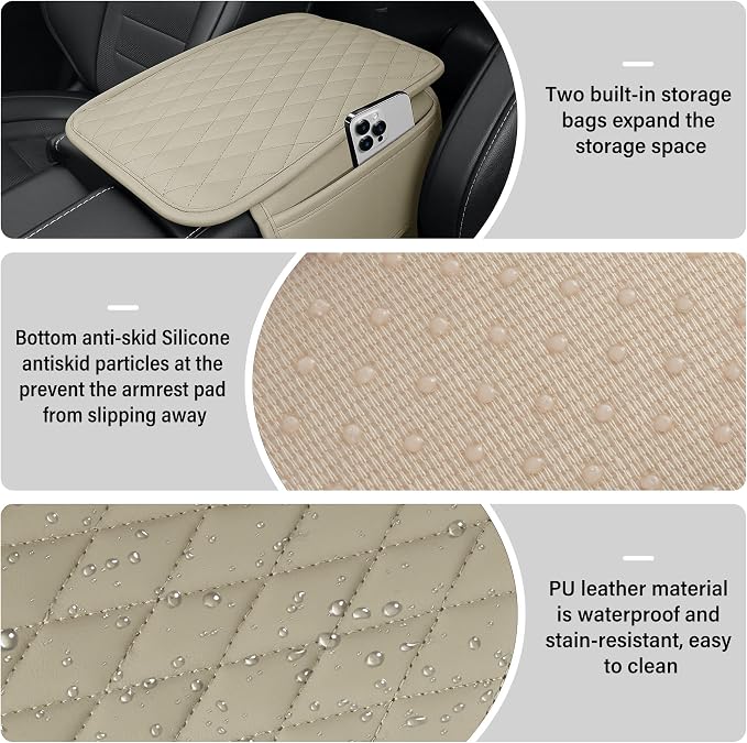 Amiss Car Center Console Cover, Leather Car Armrest Cushion with 2 Storage Pockets, Universal Waterproof Cushion Pad, Non-Slip Car Interior Accessories, Fits Most Sedans SUVs Trucks (Light Beige)
